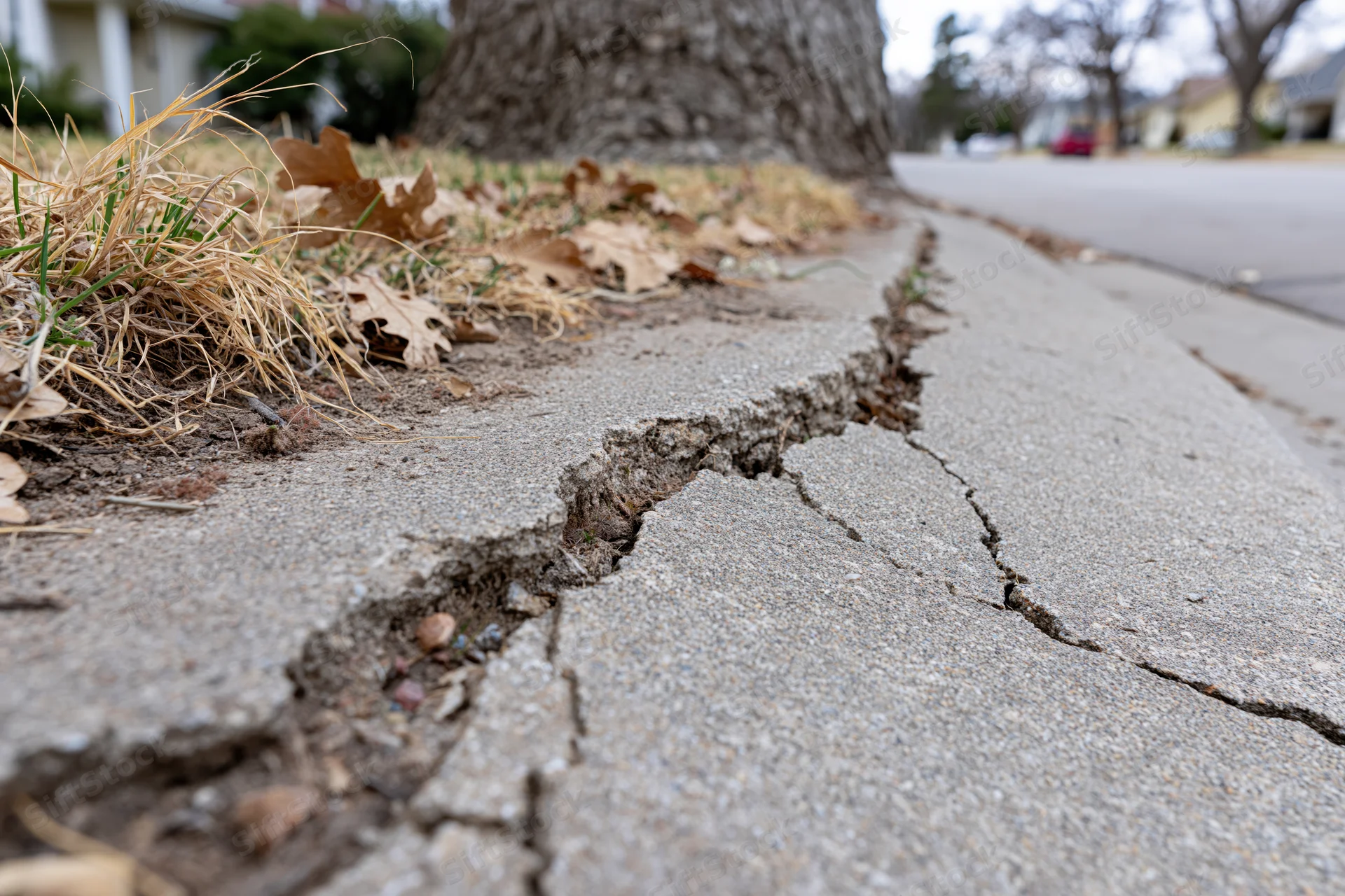Cracked and uplifted concrete sidewalk slabs near a tree in a residential neighborhood