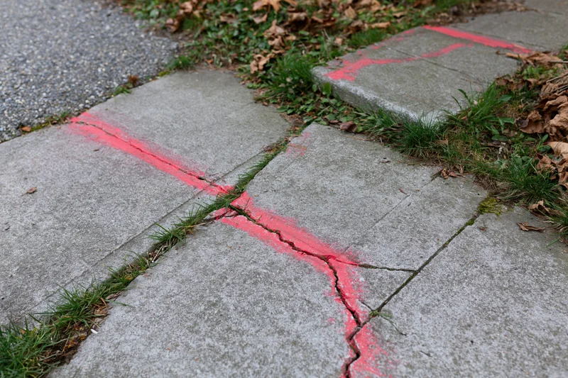 Cracked concrete sidewalk sections marked with bright red spray paint outdoors