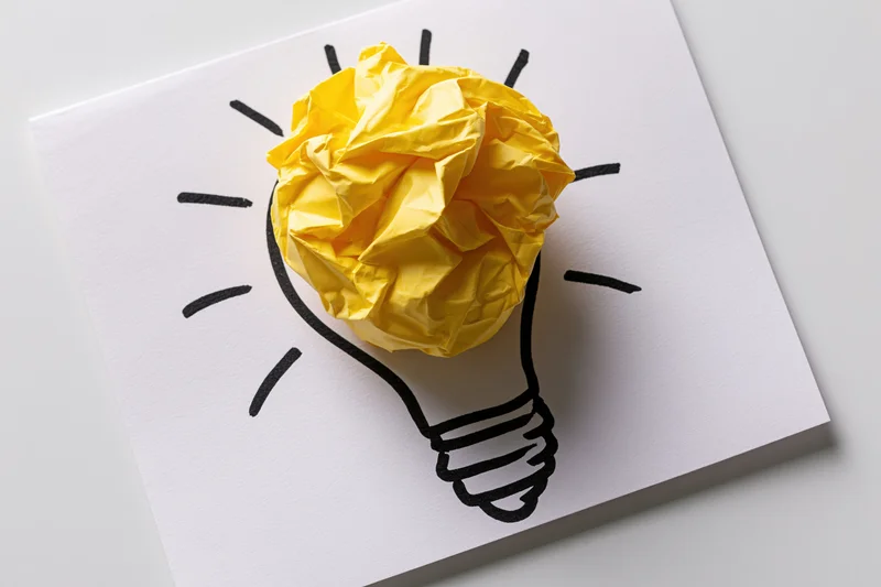 Crumpled yellow paper ball placed inside a hand-drawn lightbulb outline on white paper