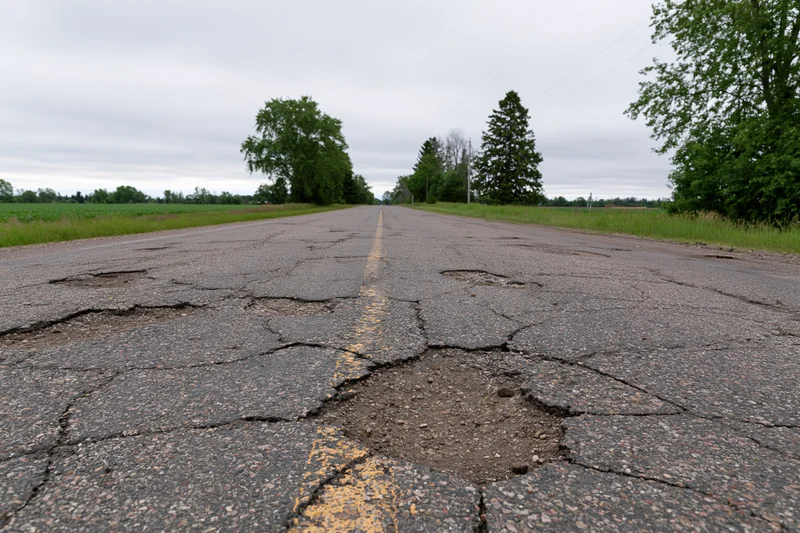 Damaged rural two-lane asphalt road with cracks and potholes stretching into the distance under an overcast sky