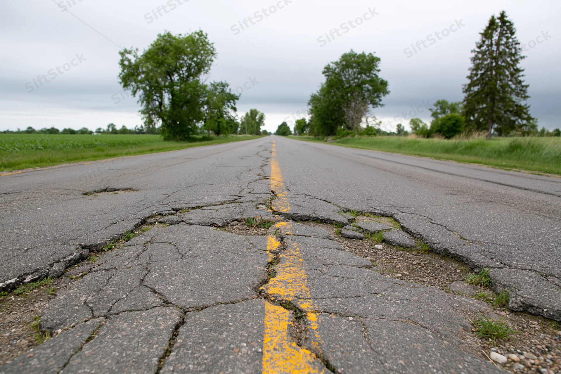 Damaged rural two-lane asphalt road stretching into the distance with cracked pavement and yellow center line under overcast sky
