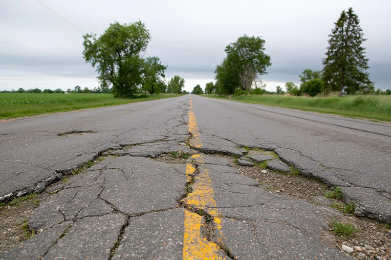 Damaged rural two-lane asphalt road stretching into the distance with cracked pavement and yellow center line under overcast sky