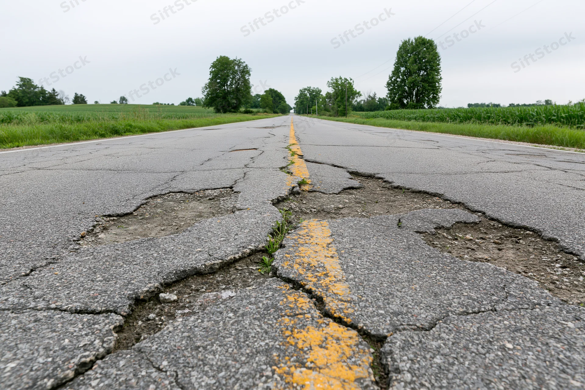 Damaged rural two-lane asphalt road with cracked pavement and weeds growing in the center line, stretching into the distance between cornfields under an overcast sky