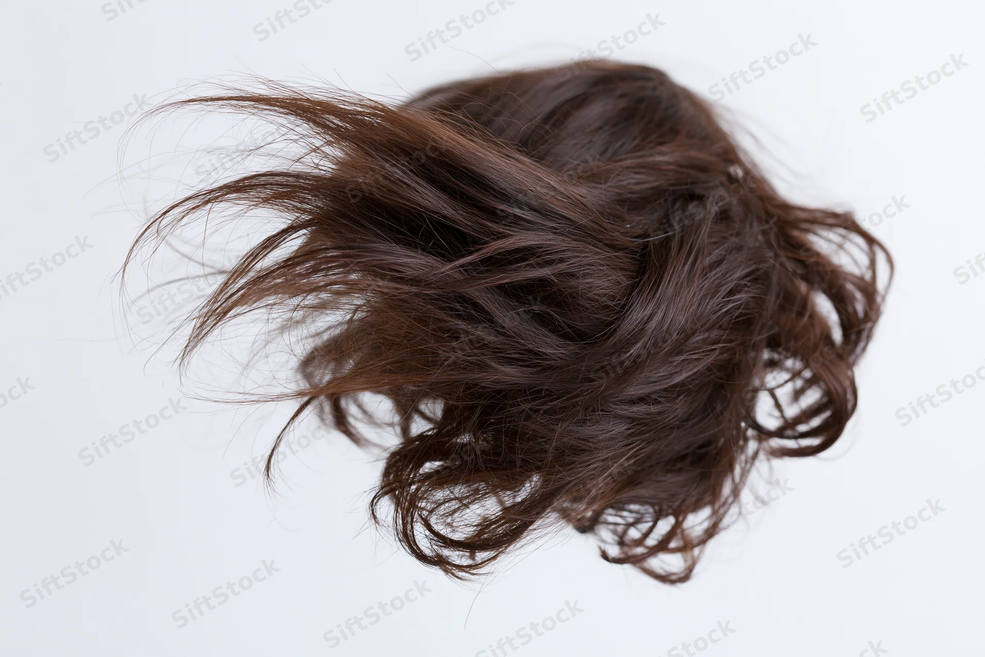 Dark brown human hair mid-toss frozen in motion against white background