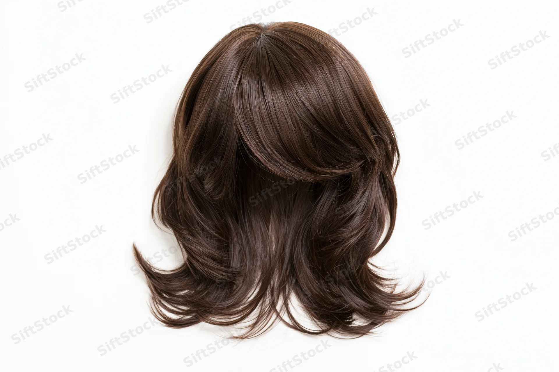 Dark brown wavy medium-length wig displayed flat against white background