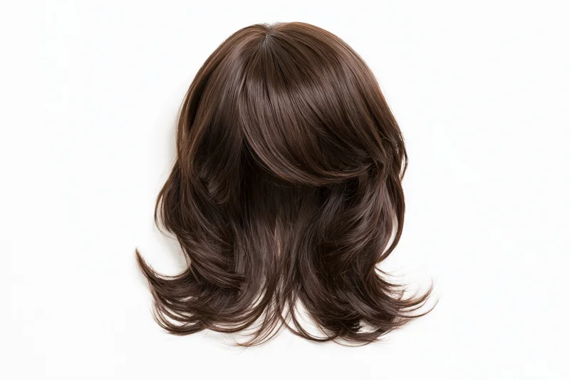 Dark brown wavy medium-length wig displayed flat against white background