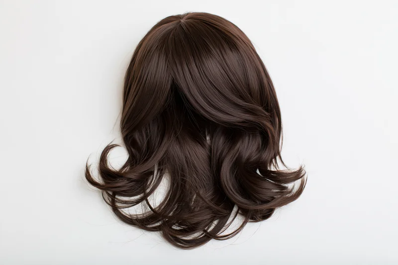 Dark brown wavy medium-length wig displayed flat against white background
