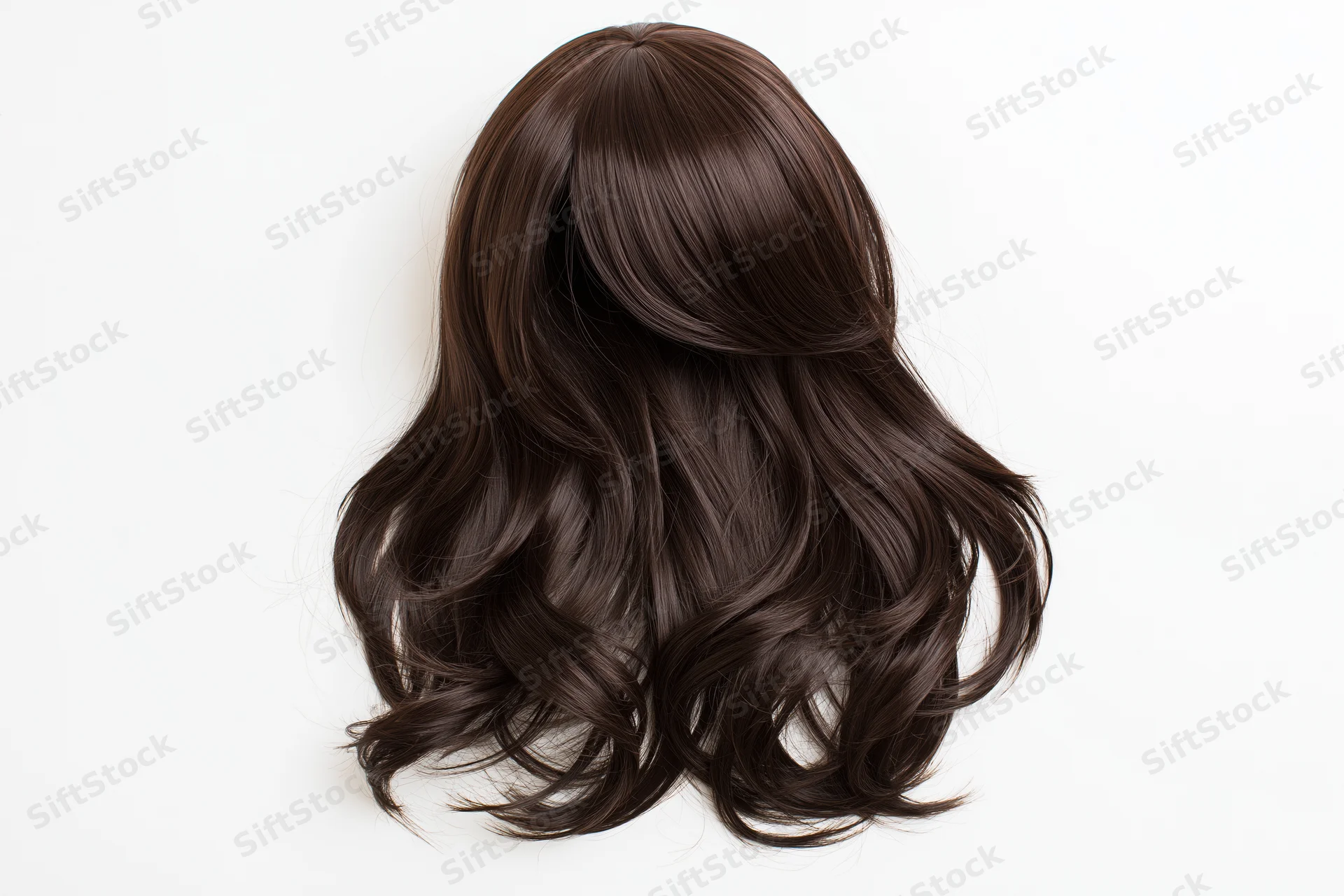 Dark brown wavy medium-length wig displayed flat against white background