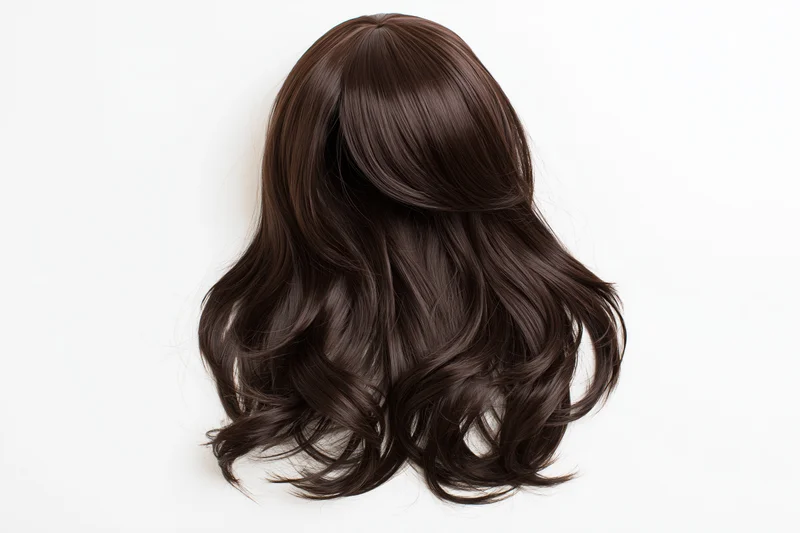 Dark brown wavy medium-length wig displayed flat against white background