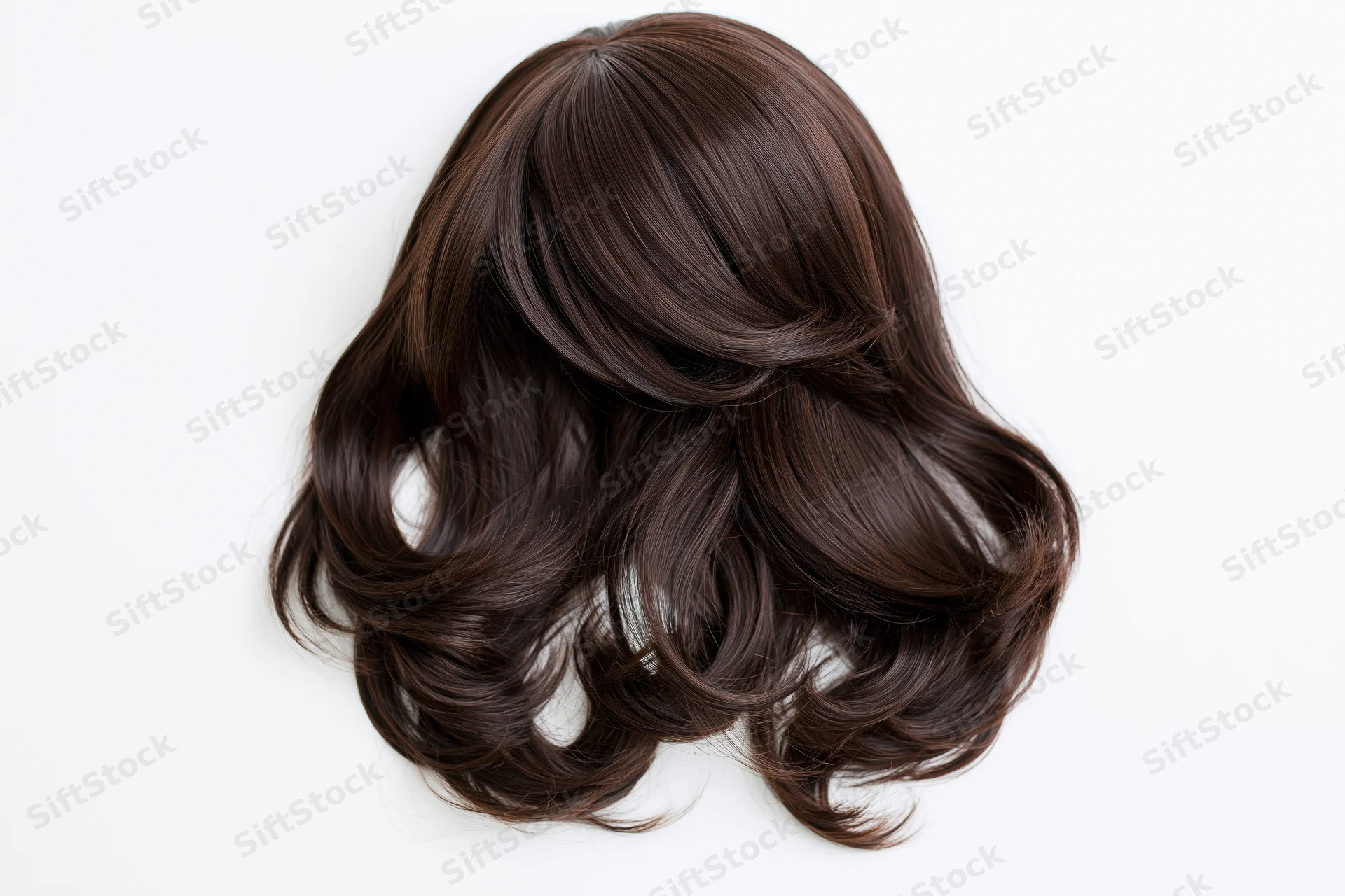 Dark brown wavy medium-length wig displayed flat against white background