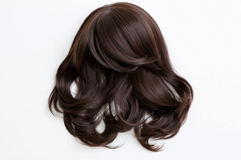 Dark brown wavy medium-length wig displayed flat against white background