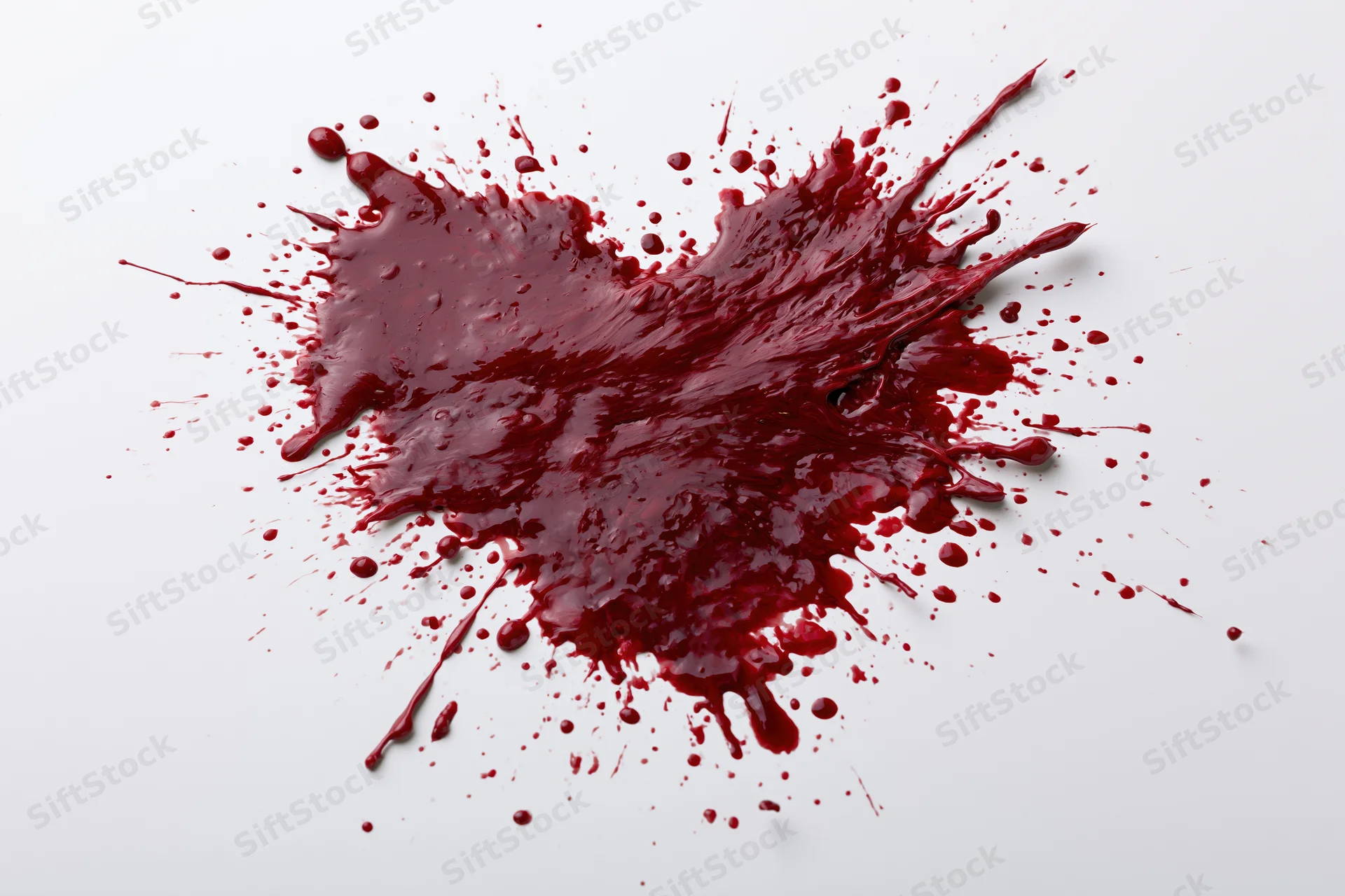 Dark crimson paint splattered into a rough heart shape on a white surface