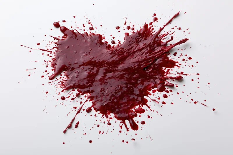 Dark crimson paint splattered into a rough heart shape on a white surface