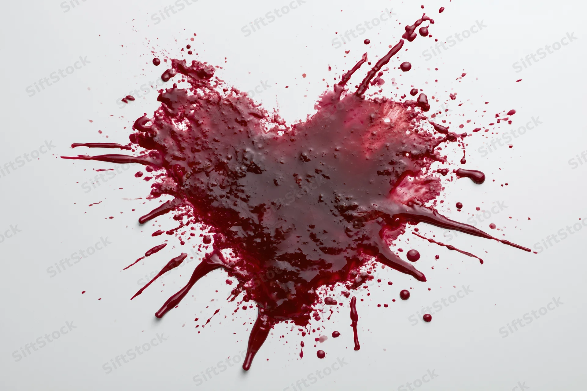 Dark crimson paint splattered into a rough heart shape on a white surface