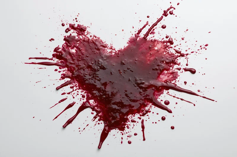 Dark crimson paint splattered into a rough heart shape on a white surface