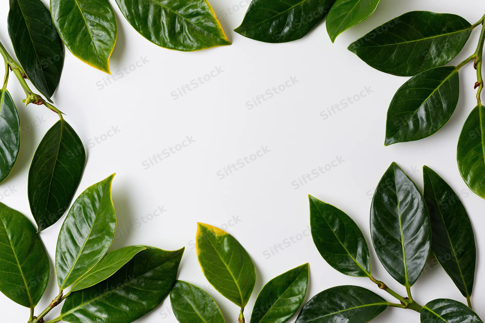 Dark green tropical leaves arranged as a flat lay border frame on white background with copyspace