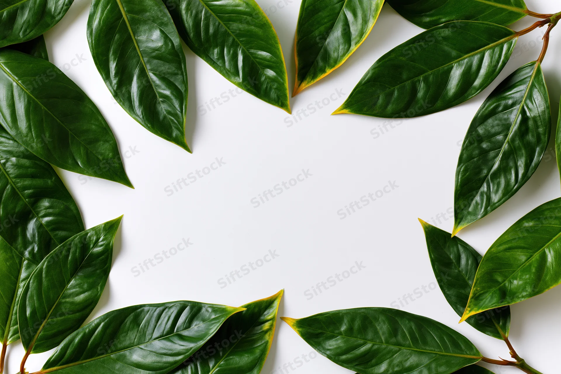 Dark green tropical leaves arranged in a flat lay border frame on white background with copyspace