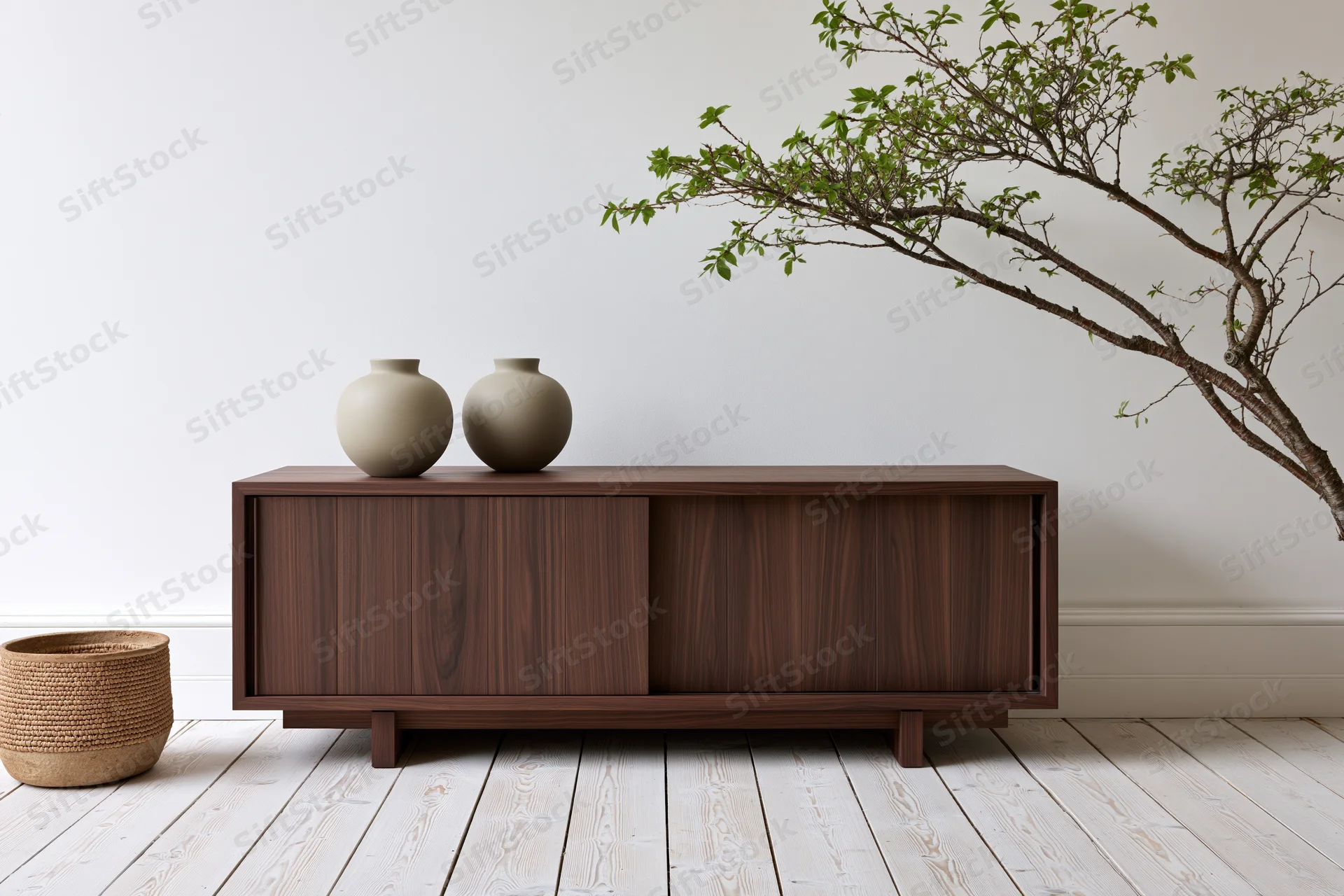 Dark walnut sideboard with sliding doors and ceramic vases on white wooden floor against plain wall