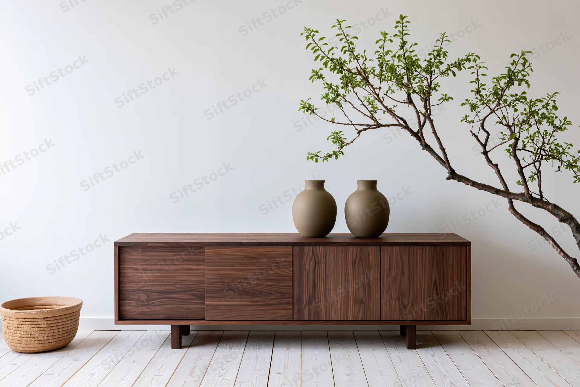Dark walnut sideboard with sliding doors and ceramic vases on white wall and light wood floor