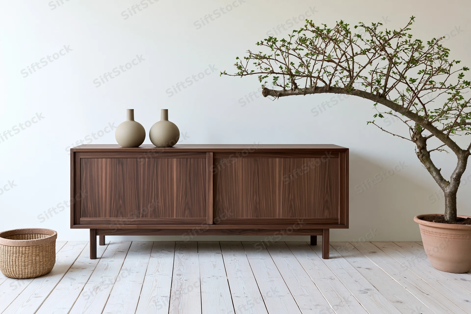 Dark walnut sideboard with sliding doors and decorative vases beside a potted bonsai tree in a minimalist living room