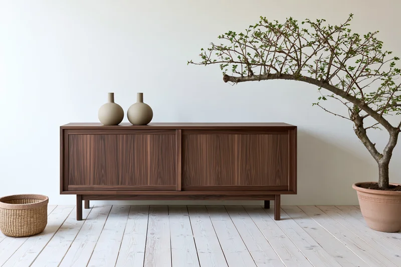 Dark walnut sideboard with sliding doors and decorative vases beside a potted bonsai tree in a minimalist living room