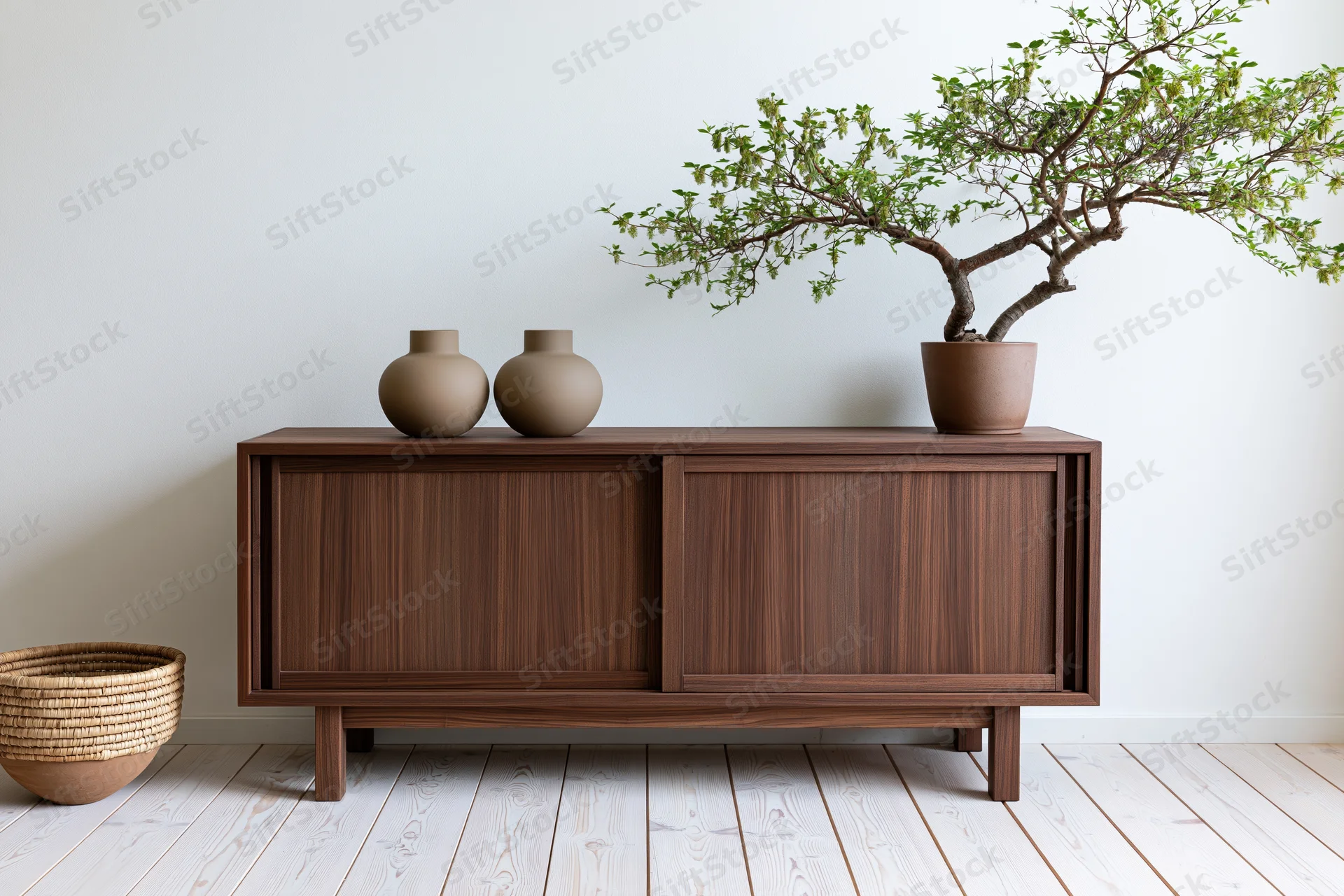 Dark walnut sideboard with sliding doors and decorative vases and bonsai plant on top in a minimalist living room