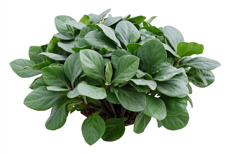 Dense low-growing tropical foliage bush with broad overlapping leaves in a pot on white background