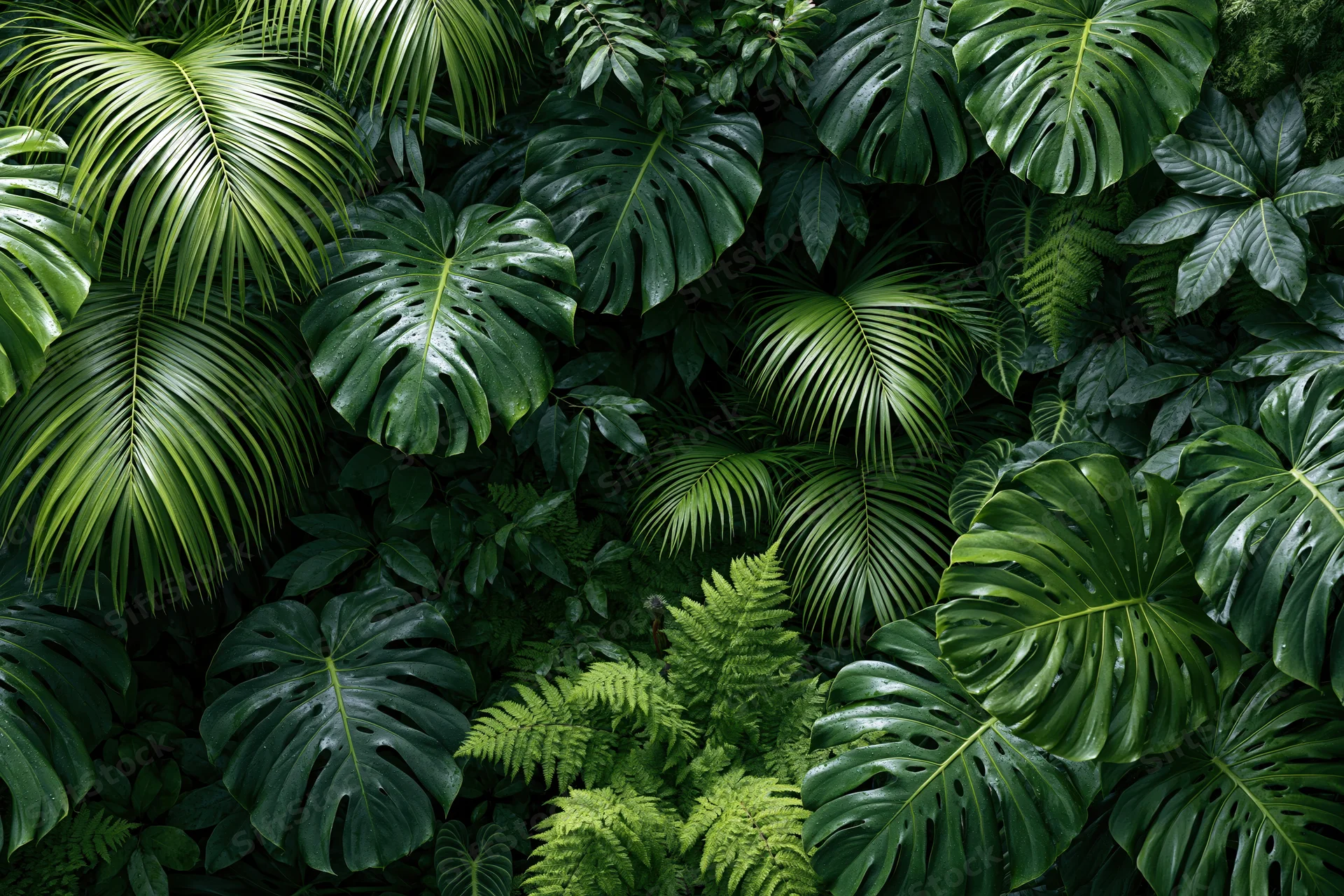 Dense tropical foliage filling the frame with monstera and fern leaves