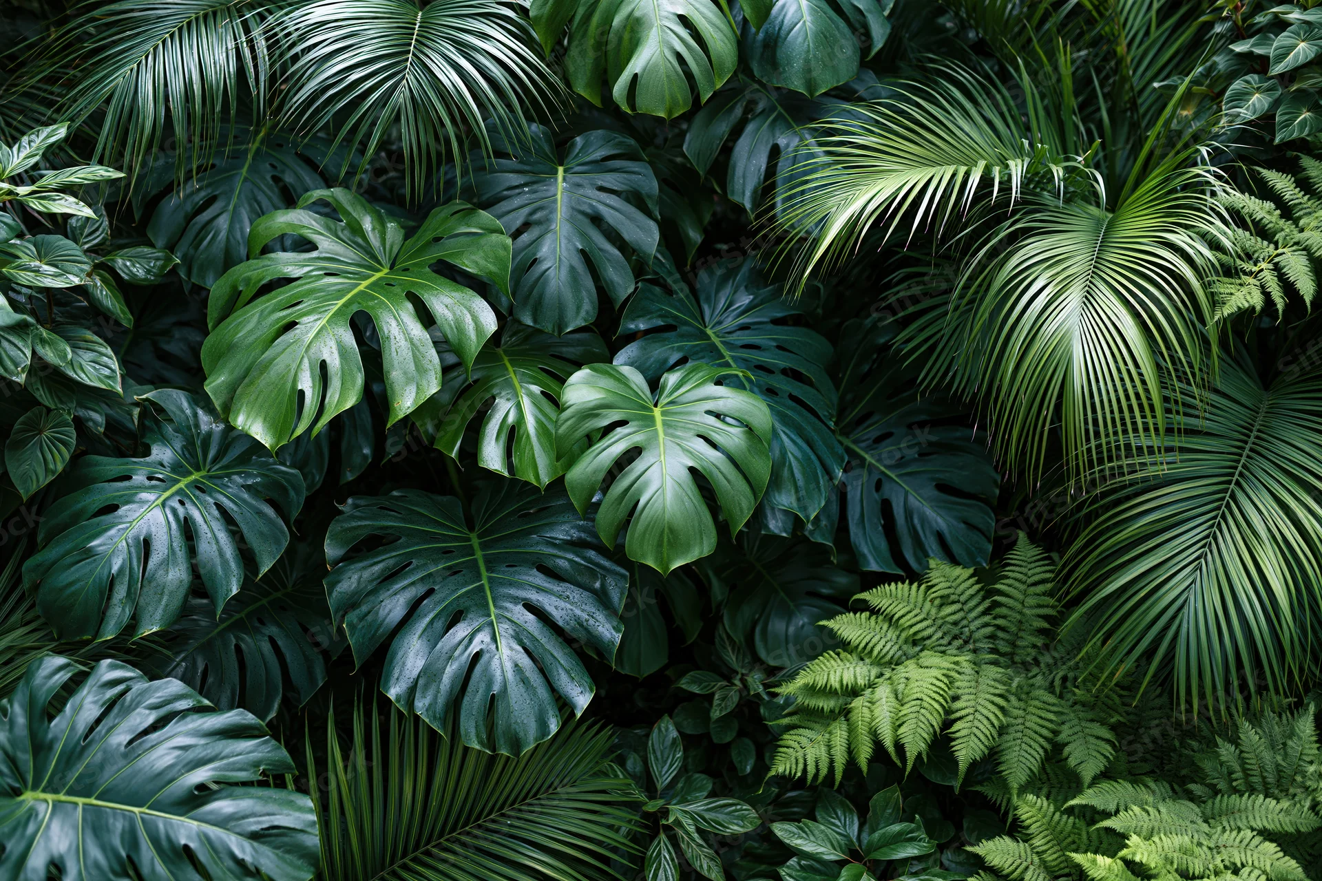 Dense tropical foliage with monstera and fern leaves filling the frame