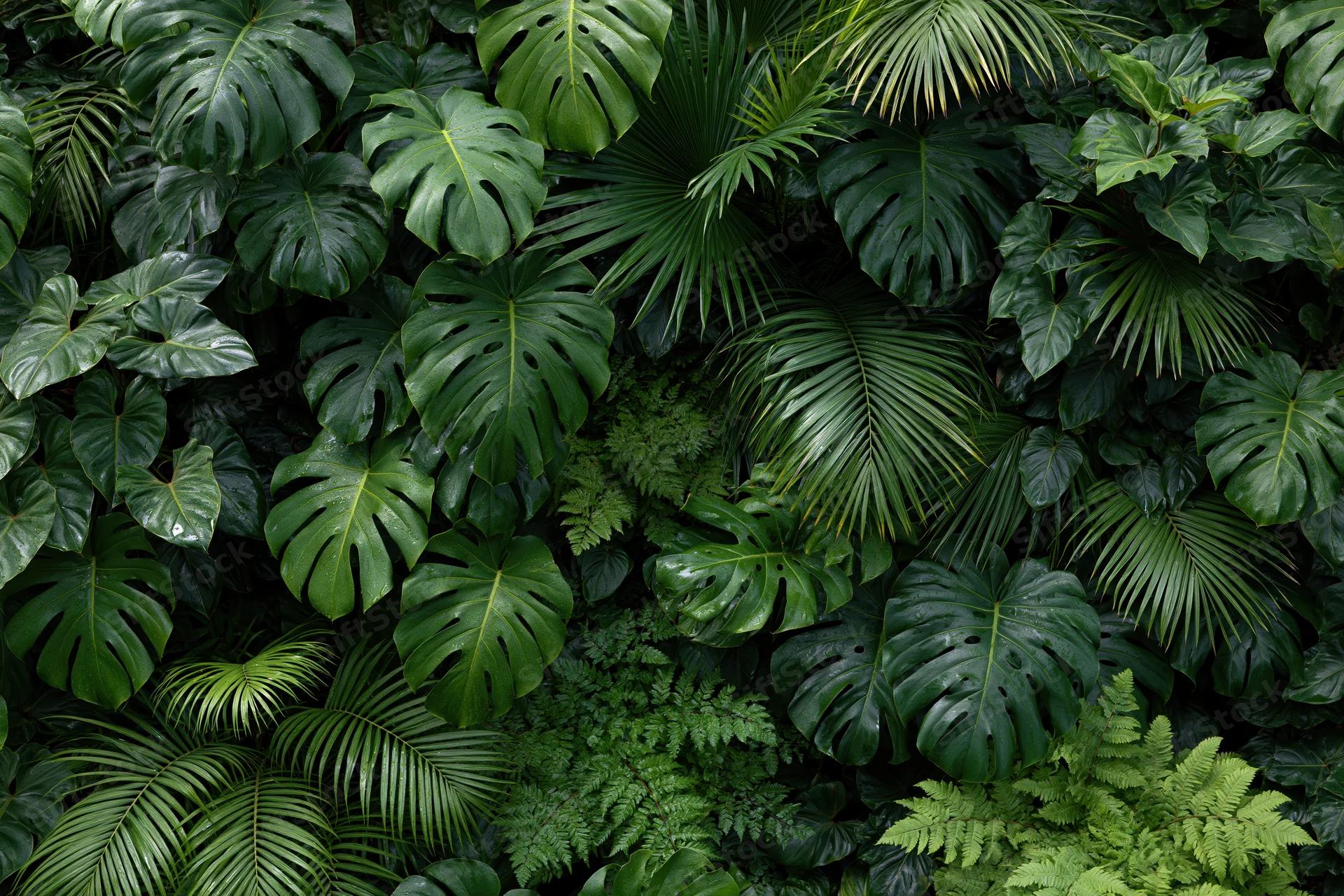 Dense tropical foliage filling the frame with monstera and palm leaves