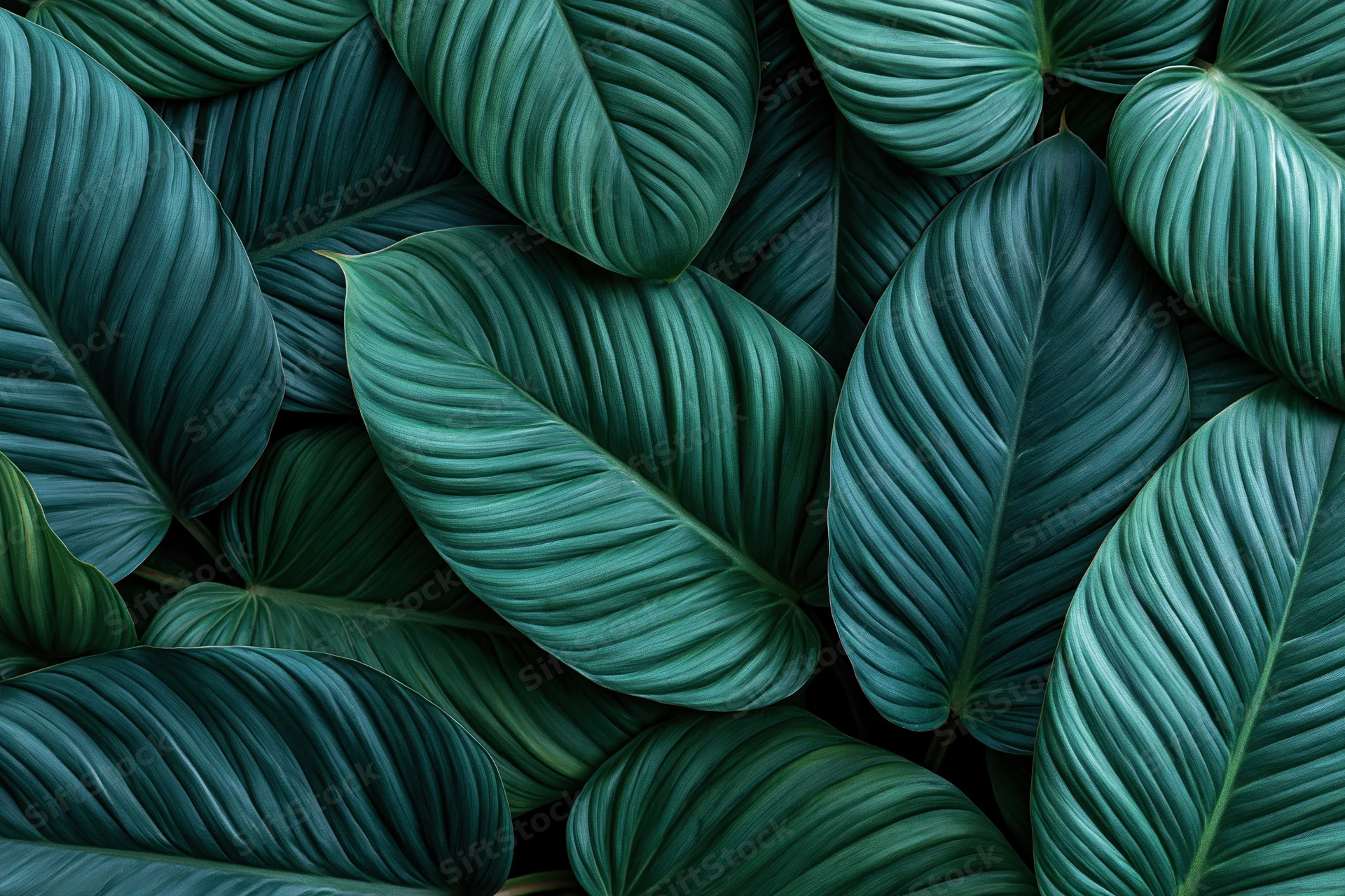 Dense tropical leaves filling the frame in overlapping layers