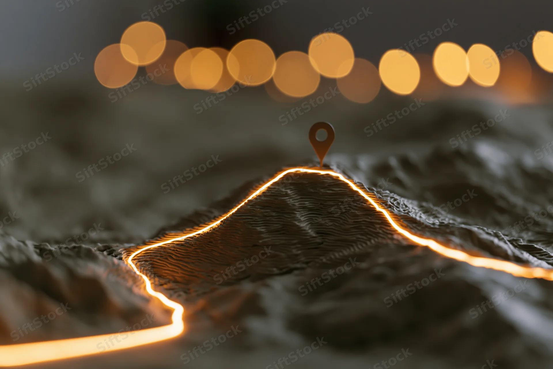 Illuminated path tracing a peak on a 3d topographic terrain model