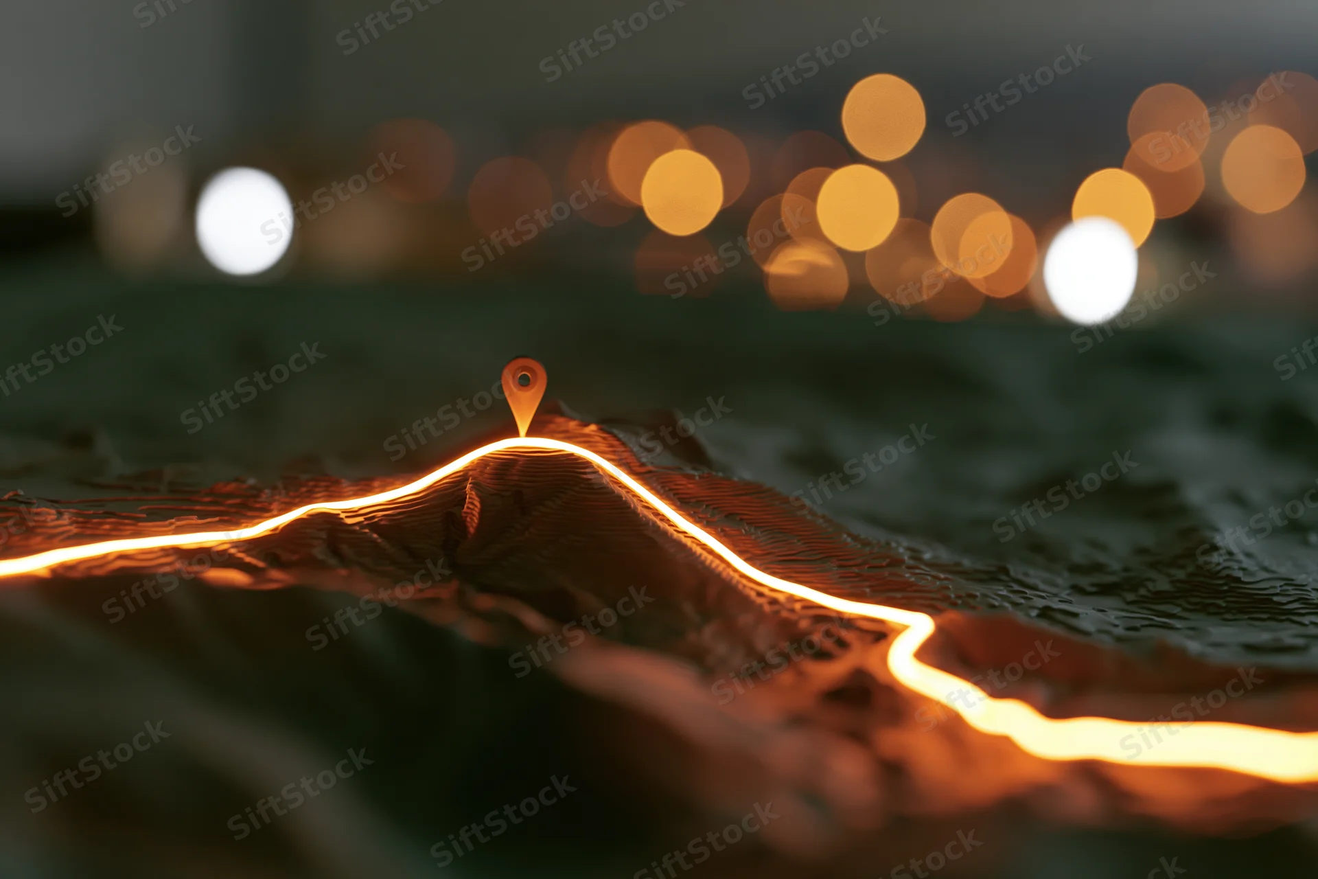 Glowing path on a 3d topographic terrain model with city lights in the background