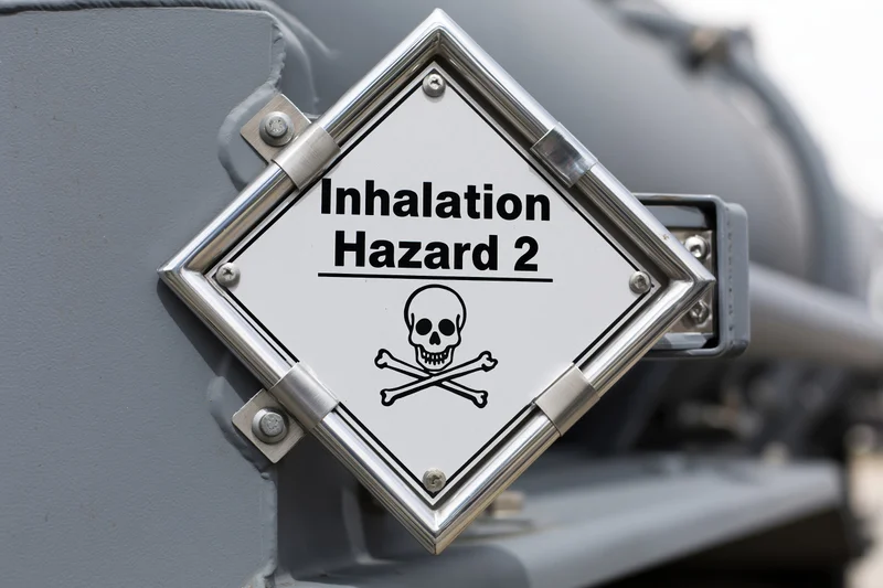 Diamond-shaped hazmat placard reading inhalation hazard 2 with skull and crossbones mounted on a gray industrial tank