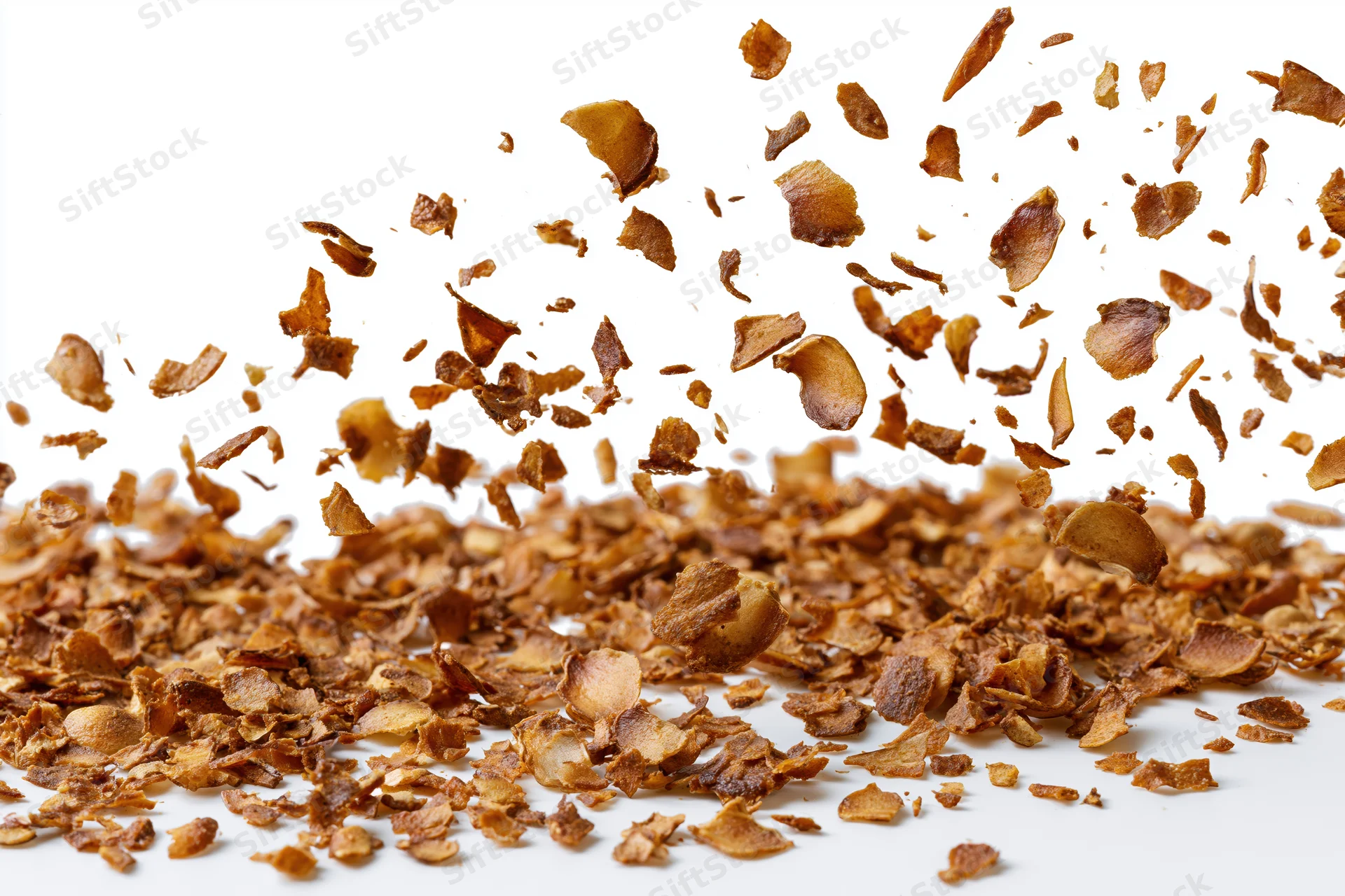 Dried herb flakes scattering on white surface