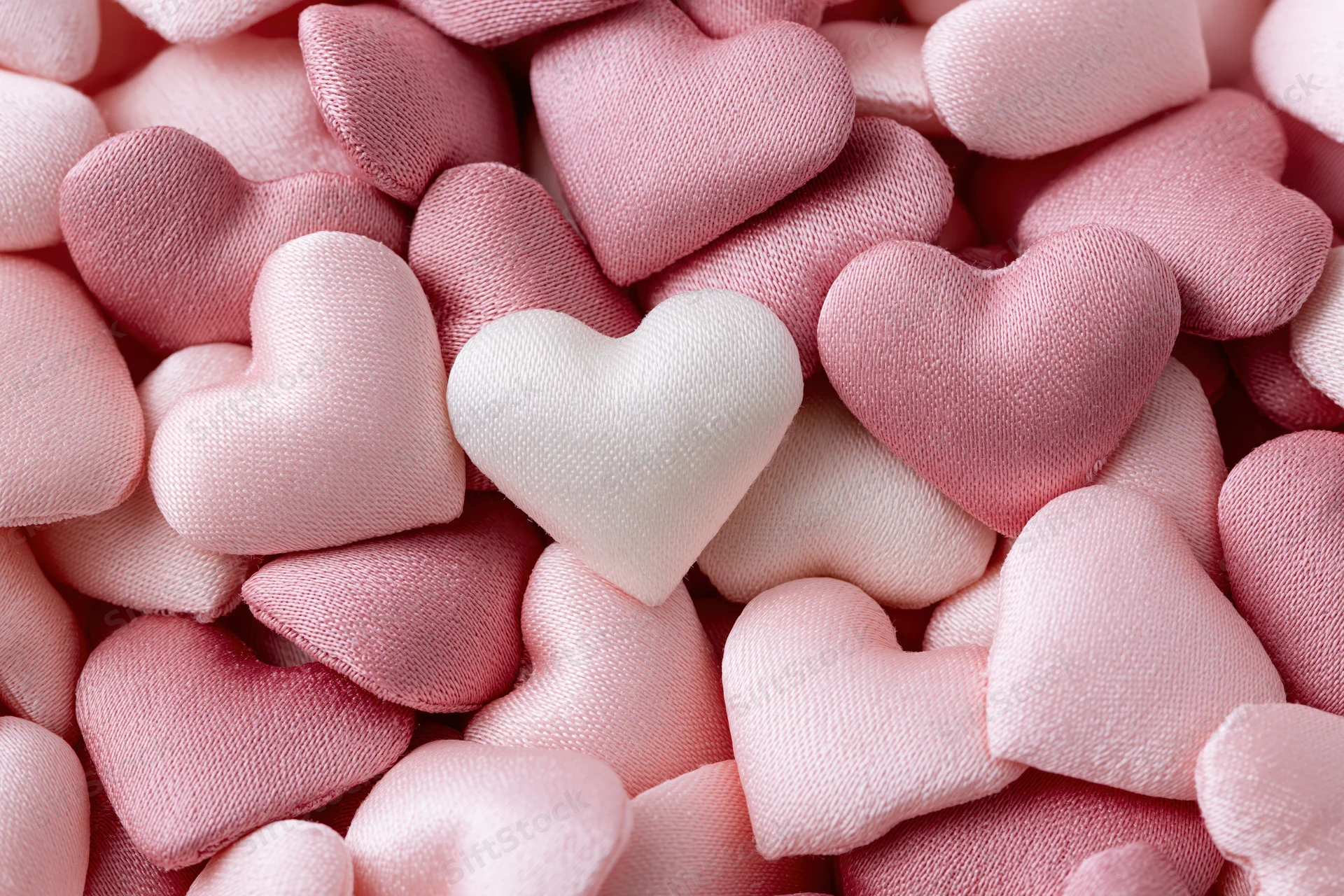 Pile of small fabric hearts in pink and white, closeup view
