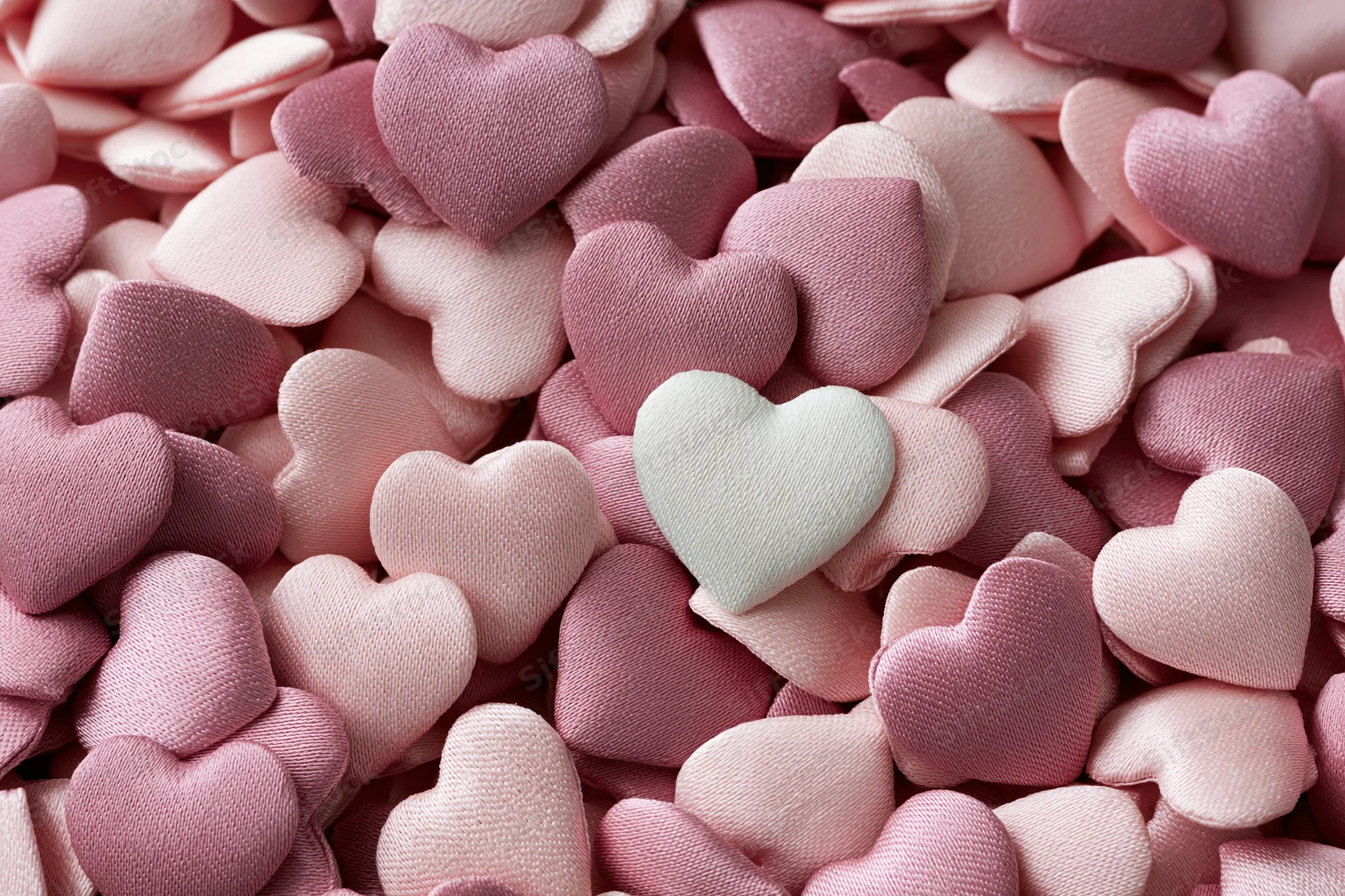 Pile of small fabric hearts in pink and white tones filling the frame
