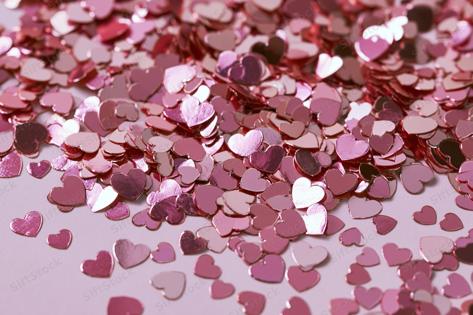 Shiny pink foil heart-shaped confetti scattered across a light pink surface in a flat lay arrangement