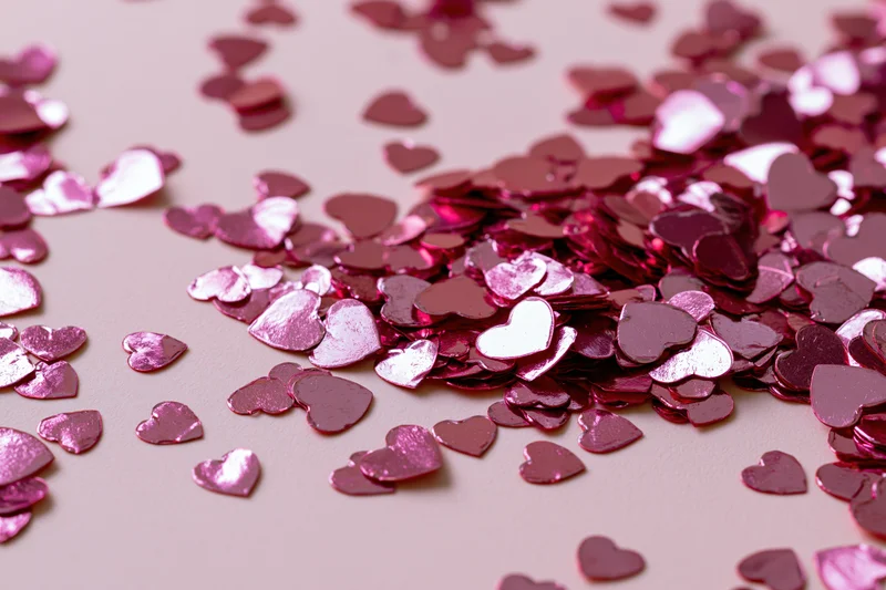 Shiny pink heart-shaped foil confetti scattered across a flat surface