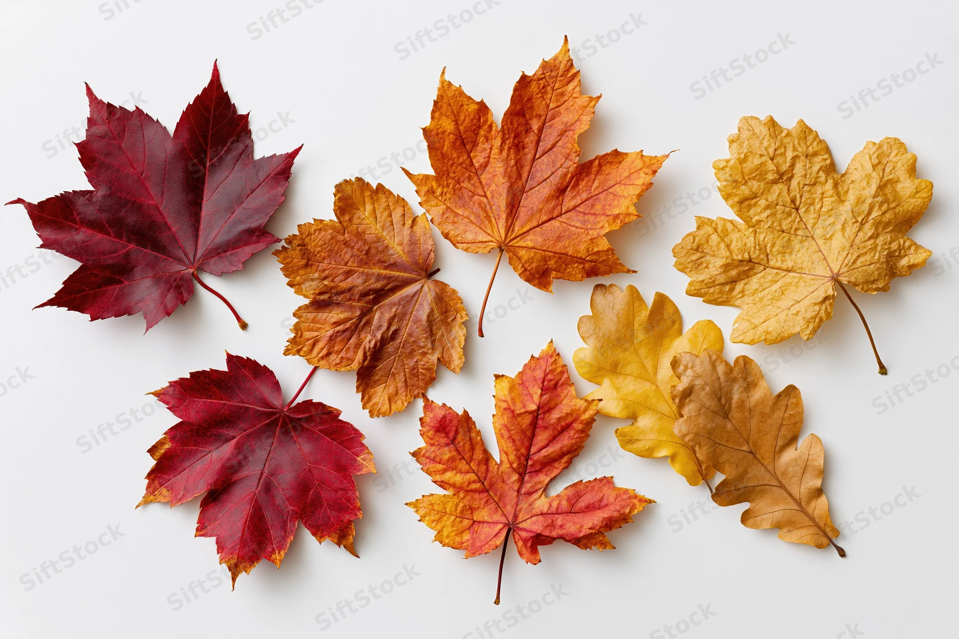 Autumn leaves arranged in a loose flat lay on white background