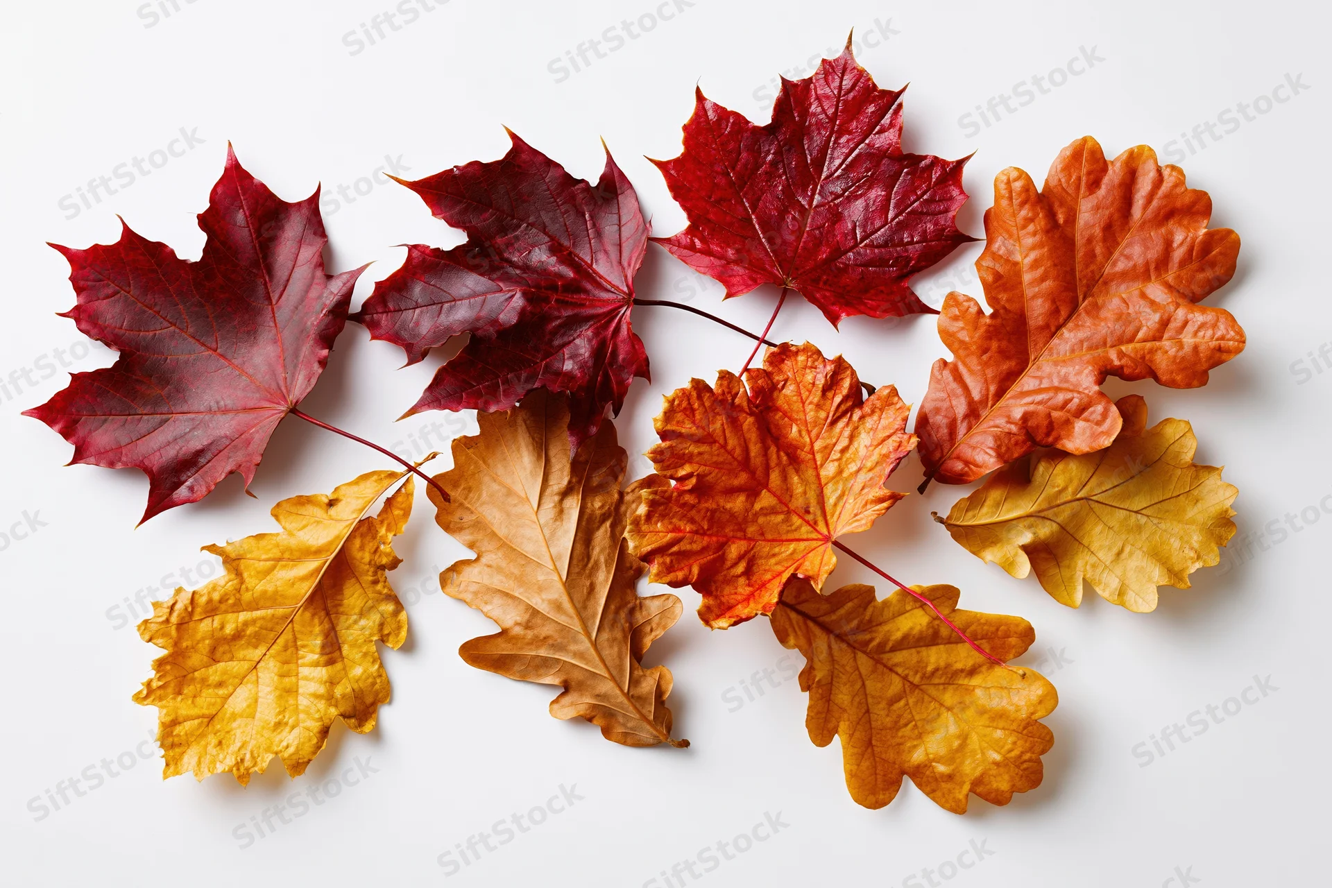 Autumn leaves arranged in a loose flat lay on white background