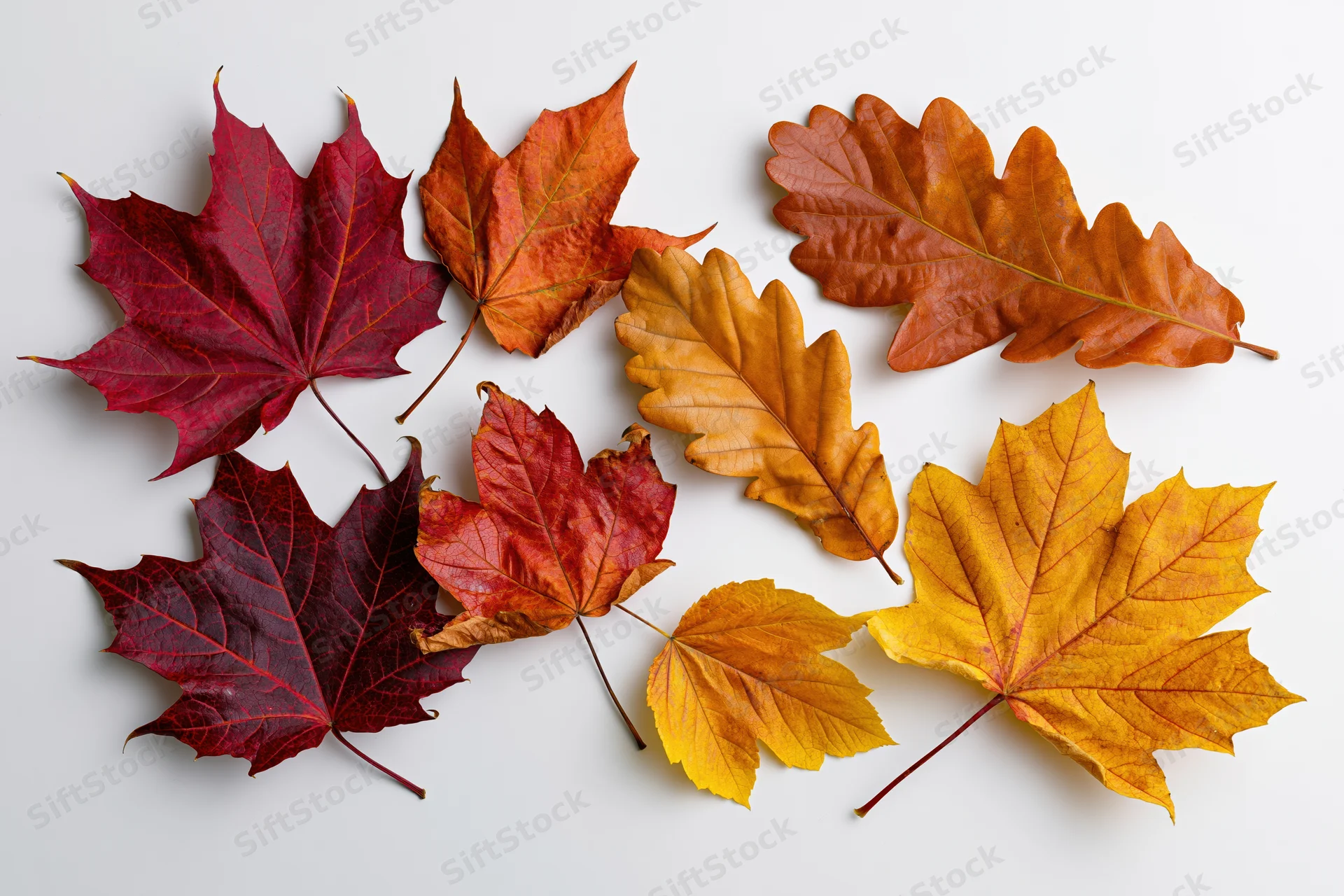 Autumn leaves arranged in a loose flat lay on white background