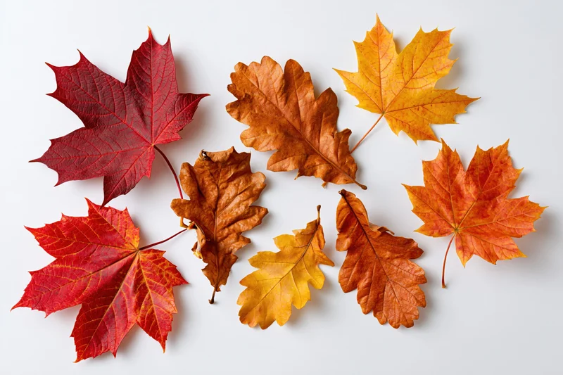 Autumn leaves arranged in a loose flat lay on white background