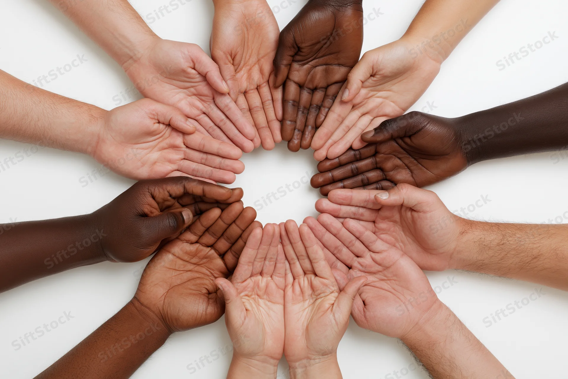 Diverse hands joined in a circle on white background