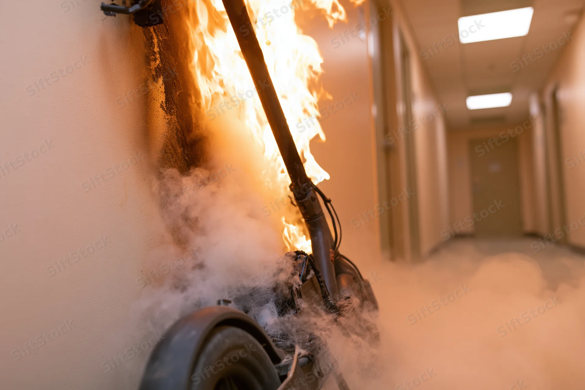 Electric scooter burning in a hallway with smoke and flames spreading along the wall