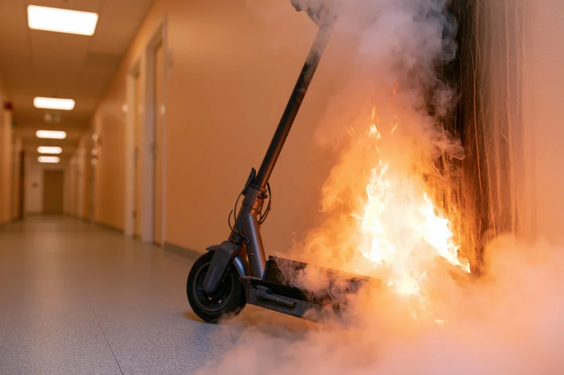 Electric scooter burning with flames and smoke in a hallway leaning against the wall