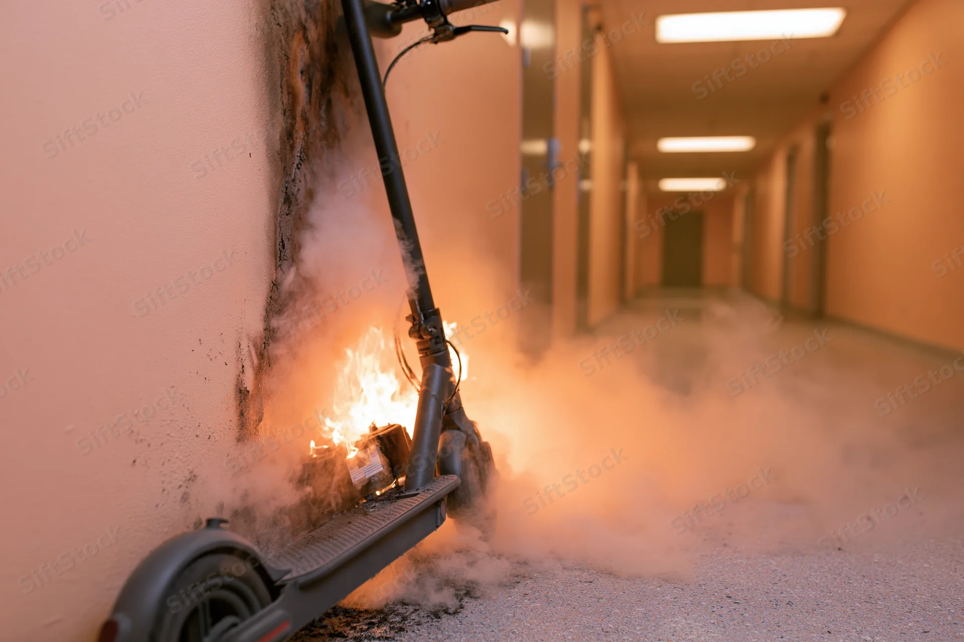 Electric scooter burning and emitting smoke while leaning against a hallway wall