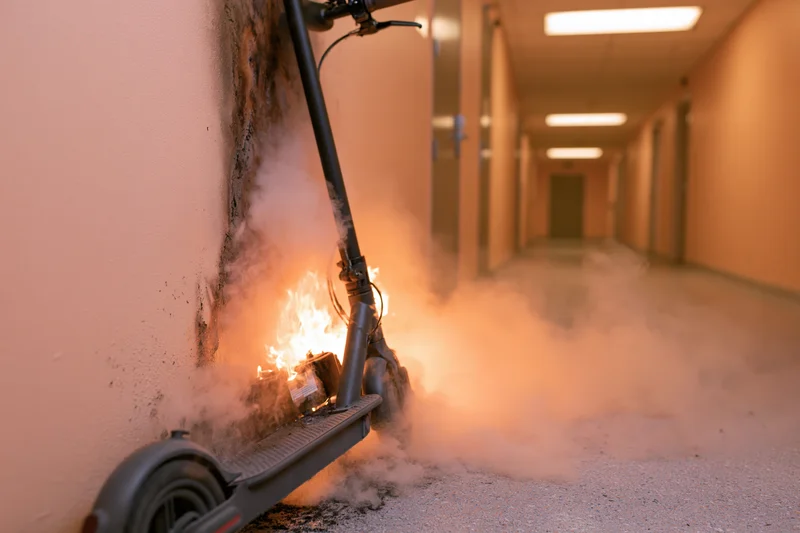 Electric scooter burning and emitting smoke while leaning against a hallway wall
