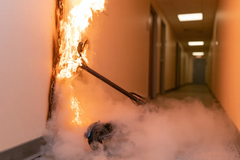 Electric scooter burning in a hallway with flames and smoke spreading along the wall