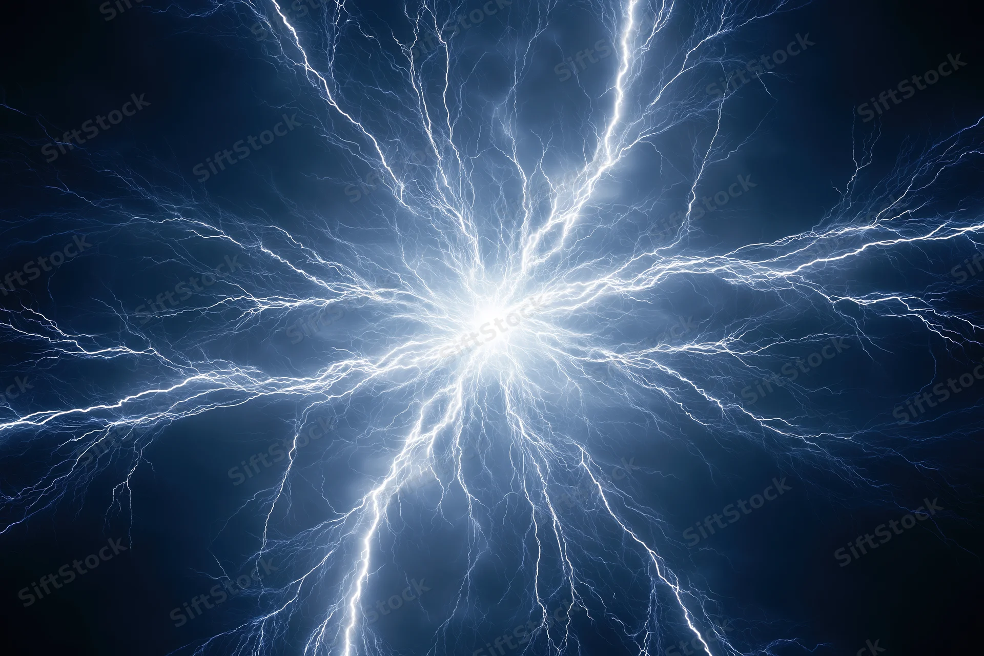 Branching lightning bolts radiating from a central point against a dark blue background